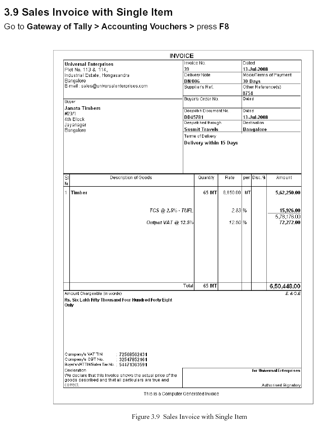 Sales Invoice with Single Item Report @ Tally.ERP 9